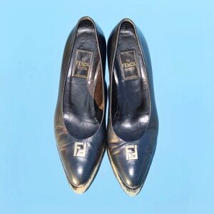 Late 80s/early 90s vintage, black leather Fendi kitten heels